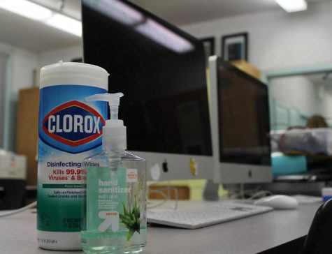 Clorox wipes and hand sanitizer was available for student use in journalism/English teacher Adriana Chaviras room on March 13. Many teachers had sanitizing products in their classroom as a way to keep students safe. 