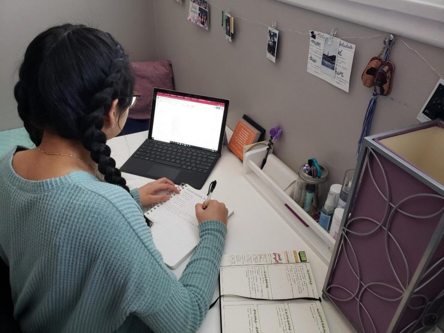 Staff writer Valeria Luquin works on her online classes during the pandemic. 