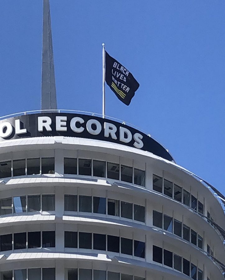 A Black Lives Matter flag flies high on the Capitol Records building in Hollywood.