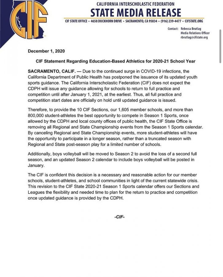 CIF released an official statement saying that practices are postponed until further notice.