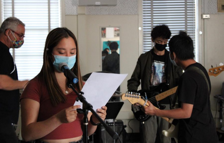 Musicians Alejandra Iniguez, William Myers and Jose Arcilla rehearse the song Across the Universe by The Beatles during fourth period on Sept. 30 with music teacher Wes Hambright. 