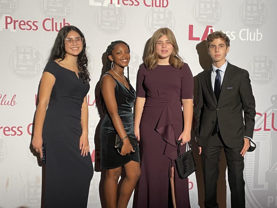 The+Pearl+Post+Newsmagazine+Editor-in-Chief+Valeria+Luquin%2C+Managing+Editor+Gabrielle+Lashley%2C+Online+Editor-in-Chief+Delilah+Brumer+and+Sports%2FTech+Editor+Branden+Gerson+attend+the+63rd+Annual+Los+Angeles+Press+Club+Awards+gala.