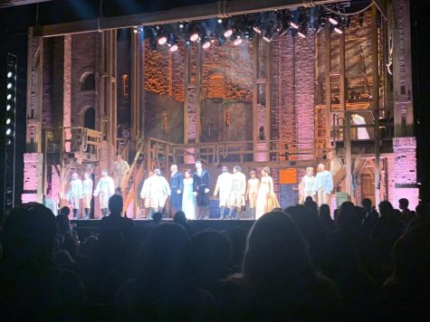 Hamilton: An American Musical cast members line up on stage for applause at the end of the play at the Pantages Theater on Feb. 9. 