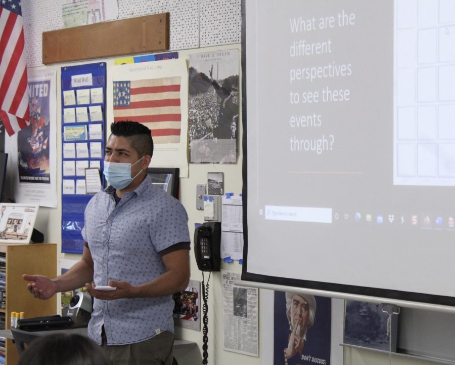 History teacher Francisco Ortega leads a discussion in his third period AP World History class on the different perspectives of the World War II bombings of Hiroshima and Nagasaki.  