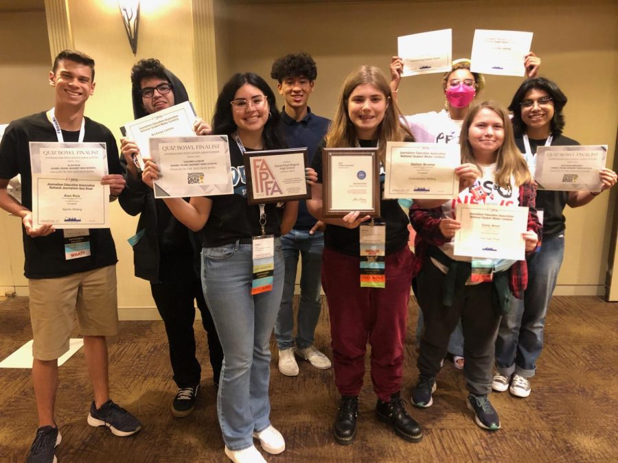 The Pearl Post staff hold our awards after the Closing Ceremony of the JEA/NSPA National High School Journalism Convention on April 9.