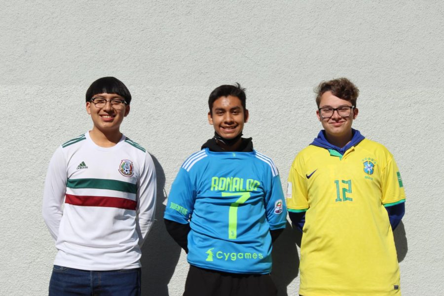 Senior Elvin Xiloq and sophomores Ronaldo Aguilar and Rafael Lopes wear their team jerseys on Nov. 17 in celebration of the World Cup. 
