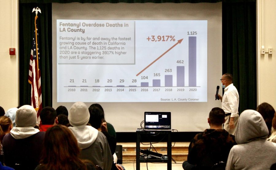 Executive director of the San Fernando Valley Partnership Albert Melena warns students and staff about how much more cautious and worried students should be about the fentanyl overdose crisis. Melena mentioned that although a student may believe a pill is harmless, it may turn out to be a drug that can kill someone in a matter of minutes.