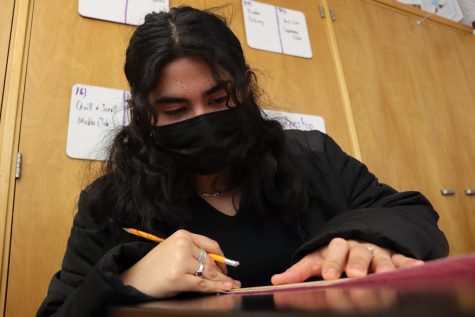 Senior Andrea Aragon-Alvarado creates outlines of origami flowers to use as decorations for the “Dance through the Decades” school dance during Leadership on Jan. 30. 