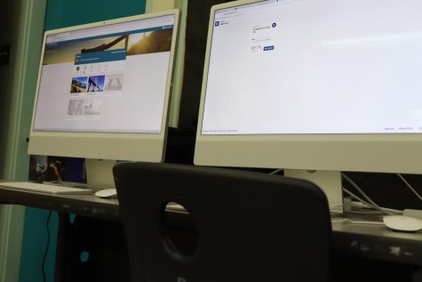 Two computers sit open with the online learning platforms Edgenuity and APEX. Daniel Pearl Magnet High School bought 42 licenses for the platforms during the 2022-23 school year.
