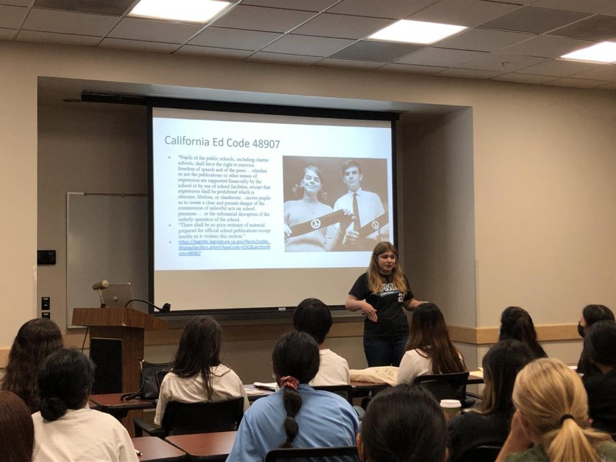 Print Editor-in-Chief Delilah Brumer discusses censorship and student press freedom at Wake Up Call at Fullerton College on Sep. 17, which was hosted by SoCal JEA. 
