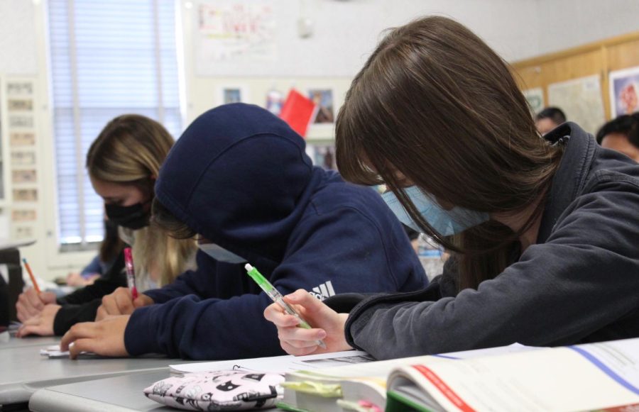 On Thursday, Feb. 2, the Local School Leadership Council will vote on whether to keep the 4x4 schedule at Daniel Pearl Magnet High School. In this photo, students work on an assignment in AP World History on Dec. 6, 2021. 