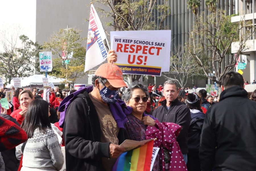 Workers in the Service Employees International Union (SEIU) and their supporters unite on March 15 for a rally at Grand Park in Downtown Los Angeles, where a three-day strike for SEIU members was announced. 