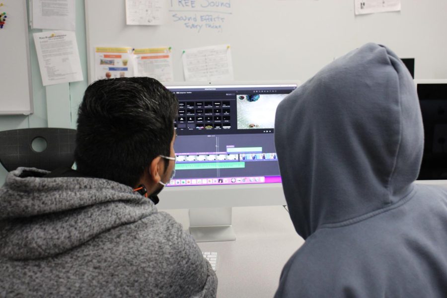 Juniors Emmanuel Valenzuela and Anthony Jimenez edit a video in their video production class on Feb. 27.