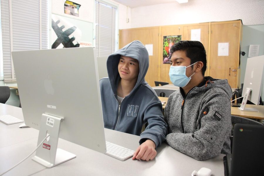 Juniors Emmanuel Valenzuela and Anthony Jimenez edit a group video project for their video production class on Feb. 27. 