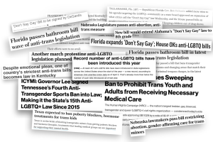 Headlines and leads from news publications around the nation detail numerous anti-LGBTQ+ legislation currently being voted on in various states. 