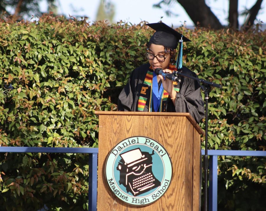 Senior Naamah Silcott gives a speech about growth and identity during the graduation ceremony on June 8. 