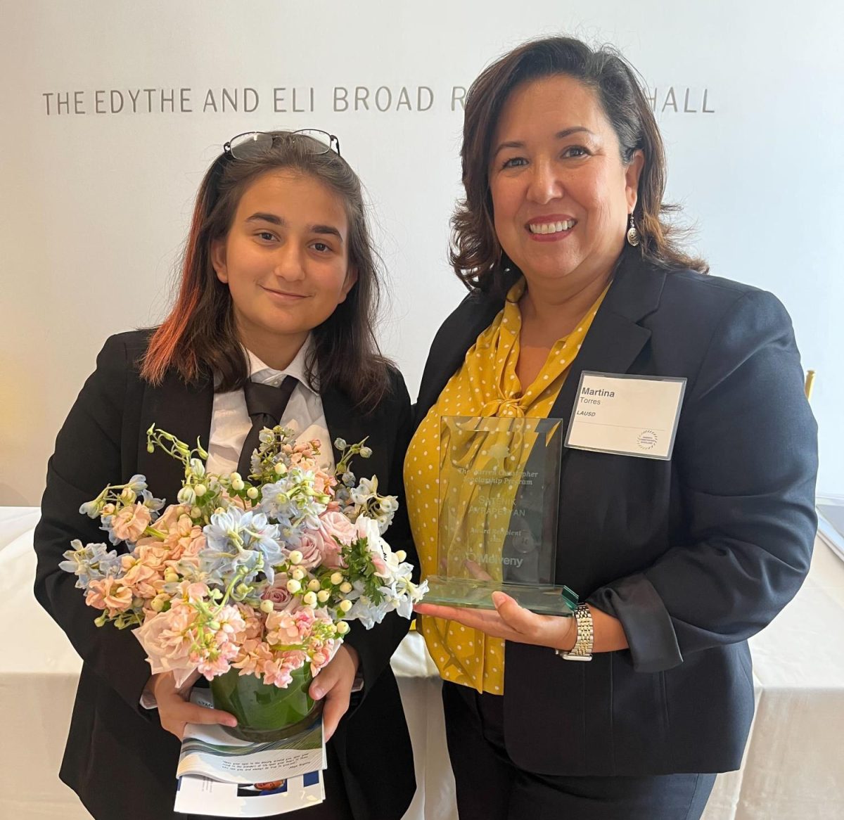 Scholarship winner Satenik Ayrapetyan smiles with guidance counselor Martina Torres during the Warren Christopher Scholarship award ceremony, which took place on June 30. 