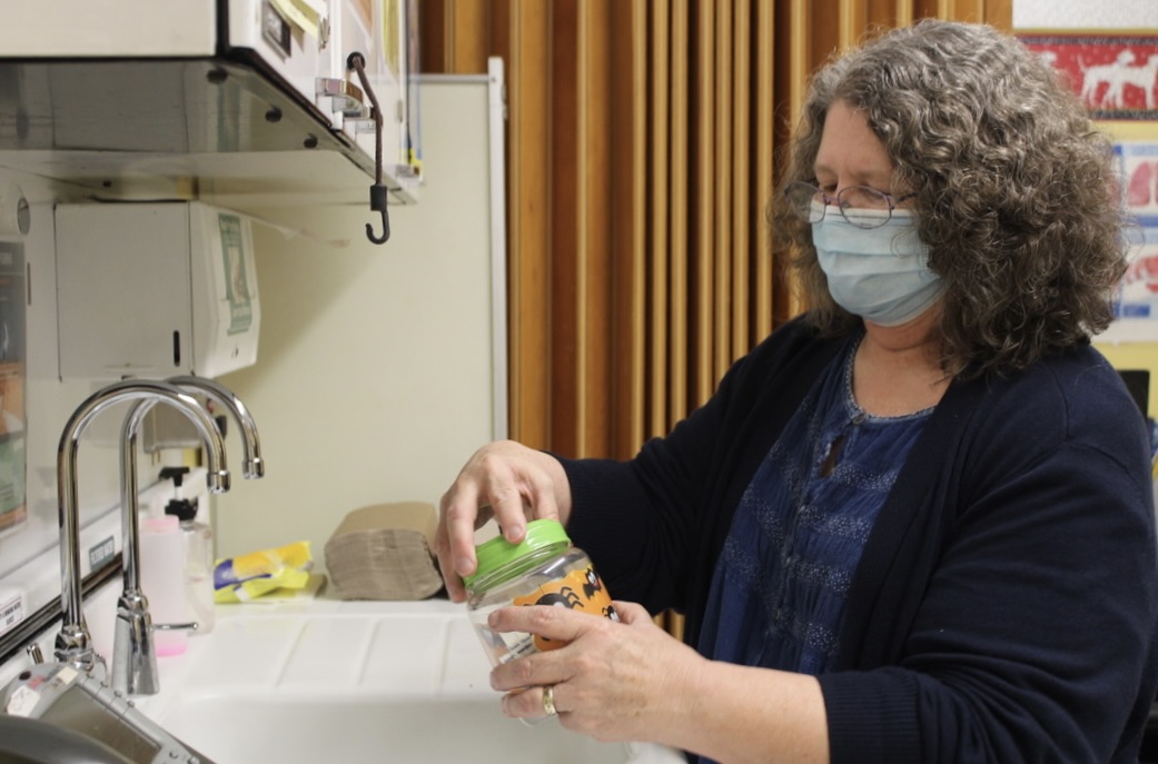 School nurse Roberta Gibson organizes her nursing supplies to get ready for students during period 1 on Oct. 11.