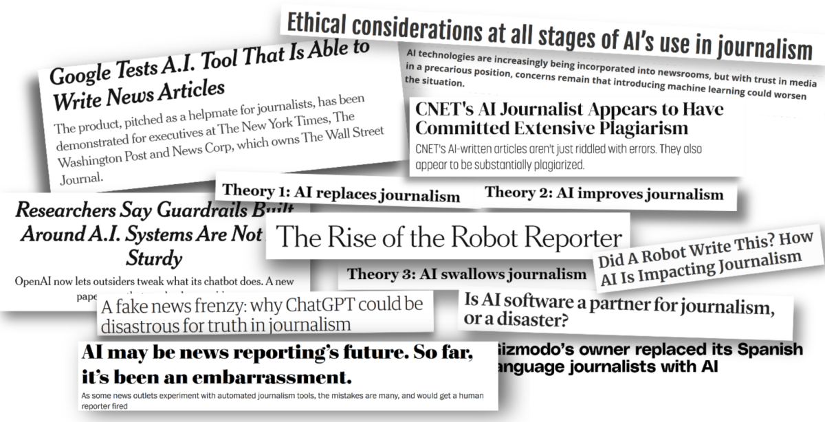 Headlines and leads from news outlets report the effects of artificial intelligence in journalism.