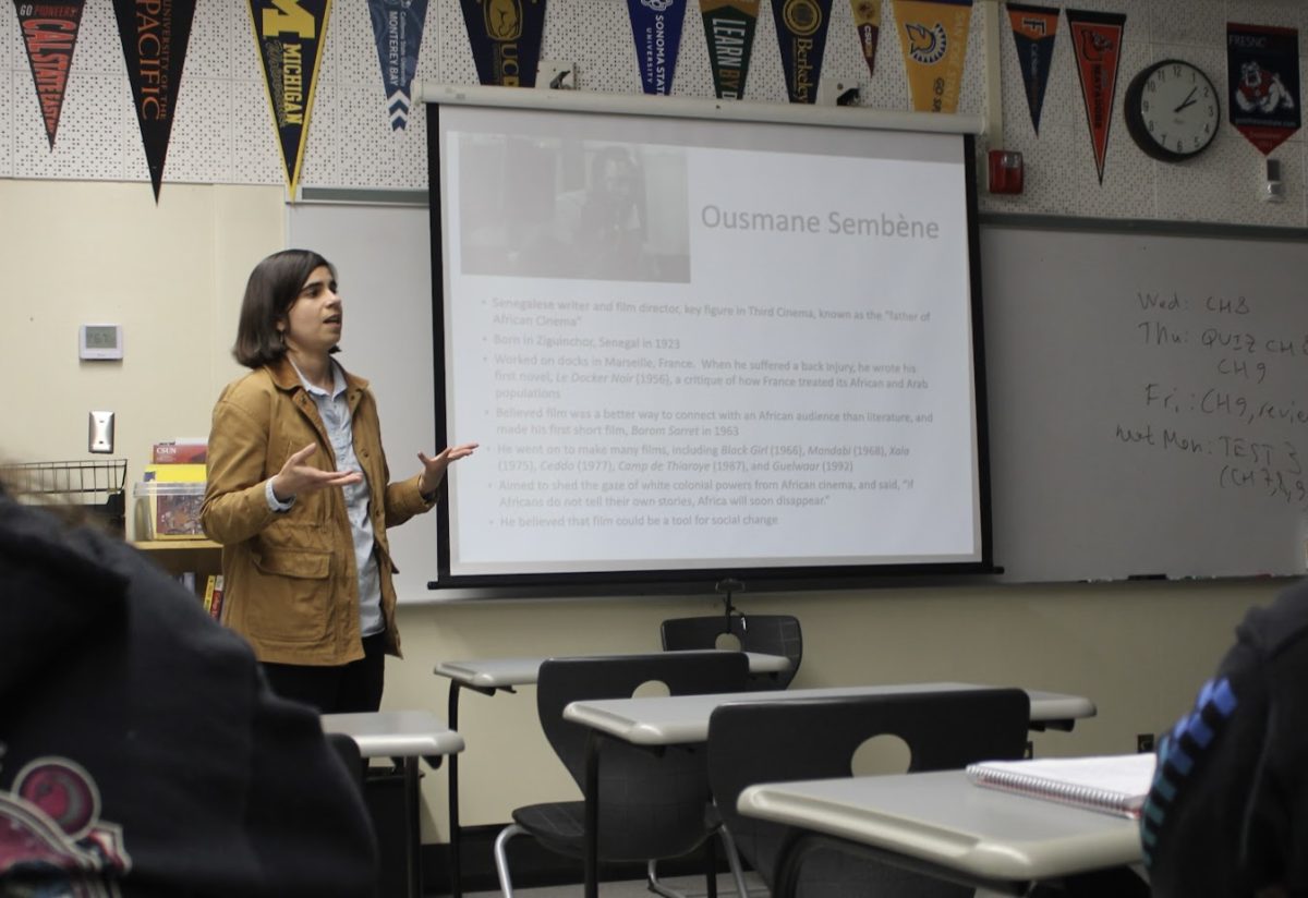Pierce College Professor Nora Sweeny gives a presentation on Third Cinema during the period 5 cinema college class on Nov. 27. Third Cinema is a Latin American film movement from the 1960s and 1970s.