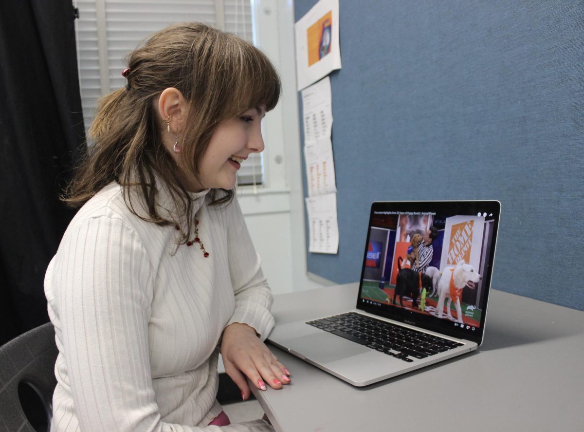 Sophomore Serena Elkins watches highlights from the 20th anniversary of the annual Puppy Bowl event, which promotes animal adoption.