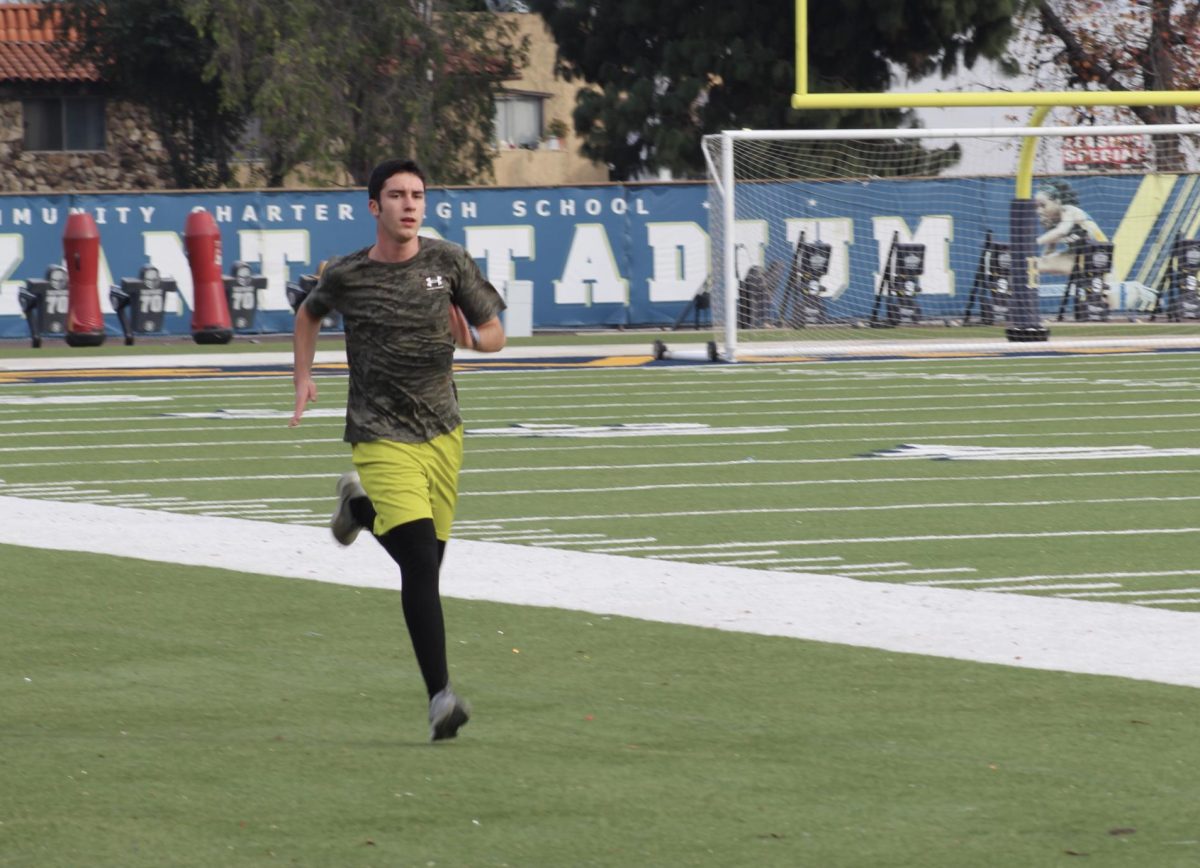 Junior Deven Szymczak runs laps during track and field practice on March 22 at Birmingham Community Charter High School.