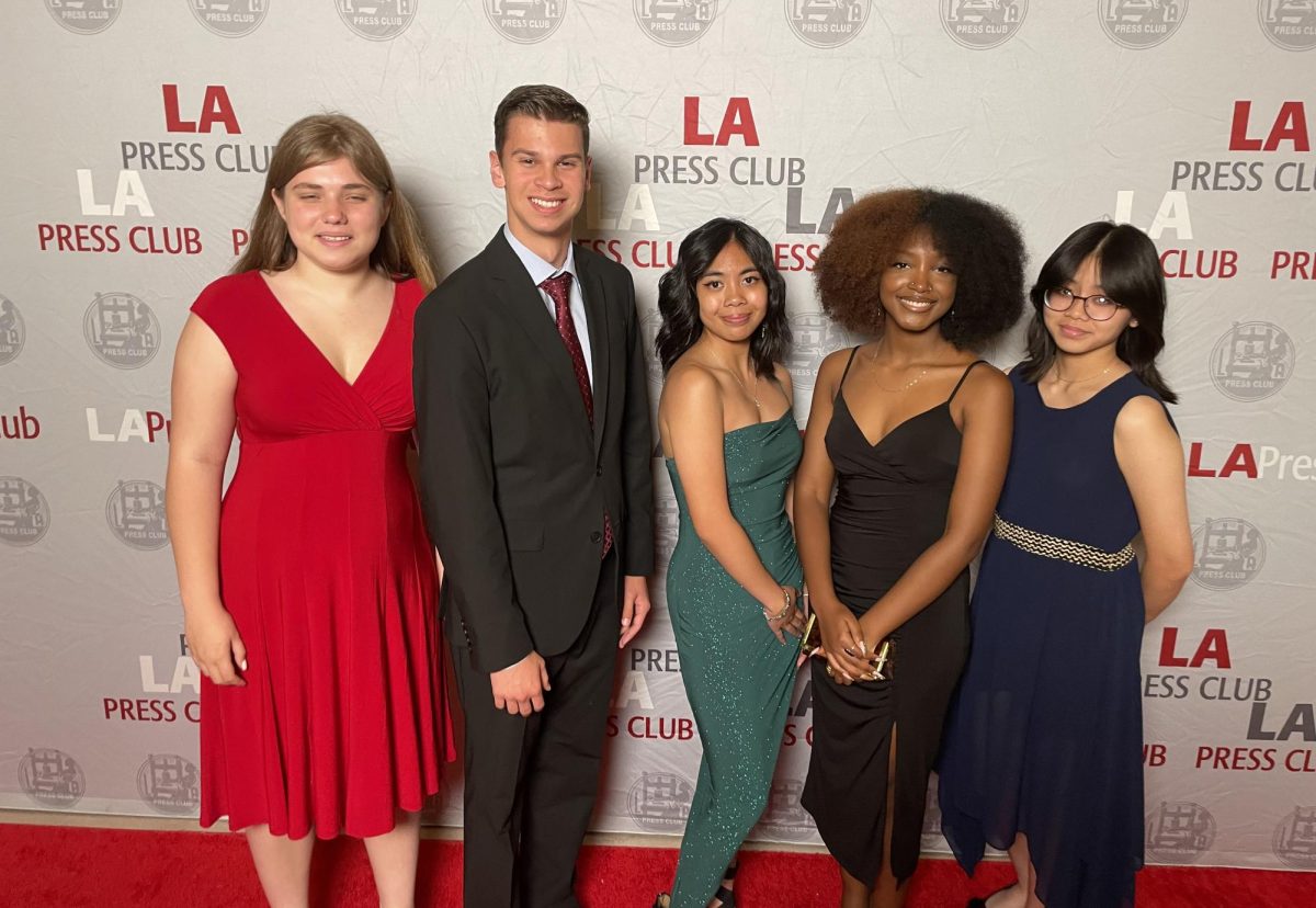Former Print Editor-in-Chief Delilah Brumer, Print Editor-in-Chief Alan Ruiz, former Digital Media Editor Jenica Felicitas, former Art Director Gabrielle Lashley and Online Editor-in-Chief Rikka Dimalanta attend the 65th Los Angeles Press Club Awards on June 25, 2023.