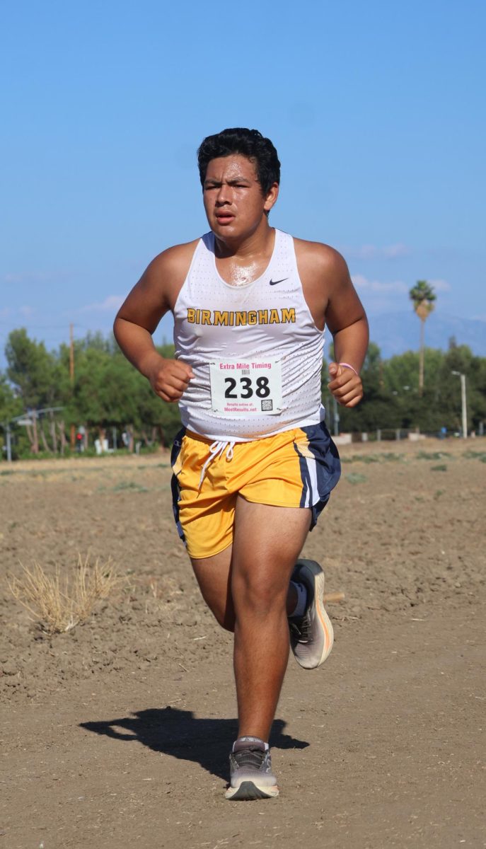 Sophomore Liam Salazar races in the Junior Varsity Boys 3 mile during the Second West Valley League Cluster Meet at Pierce College on Sep 25. Salazar finished in 44th place with a time of 26 minutes and 29 seconds.