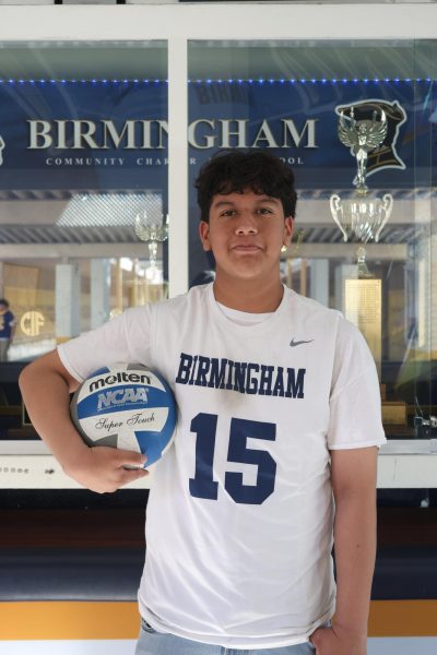 Freshman Axel Jimenez is a student-athlete for the boy's junior varsity volleyball team at Birmingham Community Charter High School. He first started playing volleyball in sixth grade and continued playing throughout middle school.