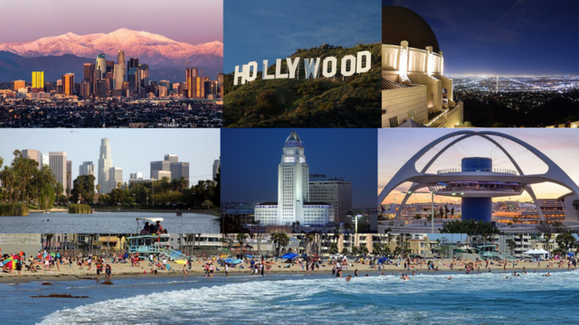 Los Angeles, the Hollywood Sign, the Observatory, City Hall, Mount San Antonio, Downtown Los Angeles, the beach, Downtown Los Angeles, and the airport.