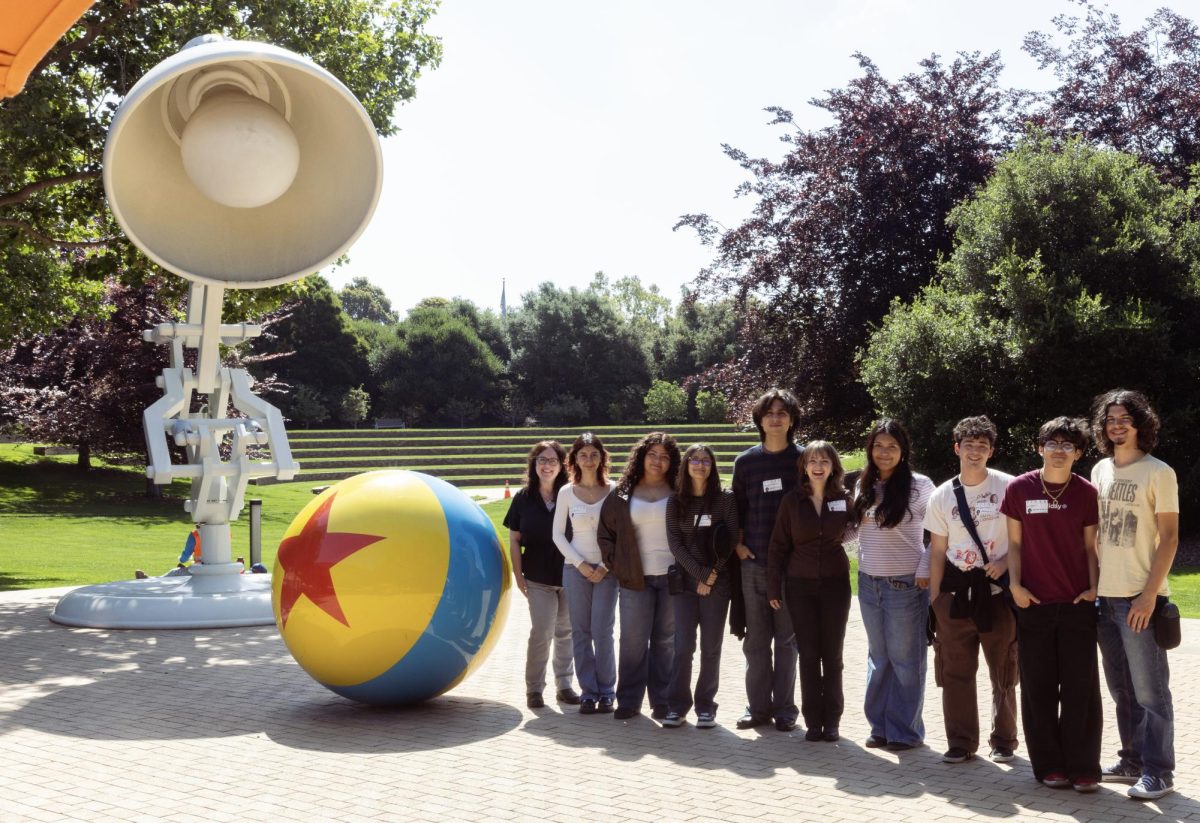 Collen Elkins,the mother of Serena Elkins, seniors Diana Abgaryan, Nemesi Morales, sophomore Sofia Pease and seniors Sebastian Olfatmanesh, Serena Elkins, Gabriella Urteaga, Mose Glascock, freshman Luca Alegria and junior Mateo Zazueta at Pixar Animation Studios in Emeryville during a trip for advanced video production students to San Francisco on April 28.